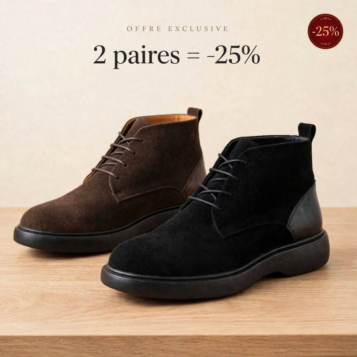 Bottines Prestige — Pack Duo Daim Noir & Marron.